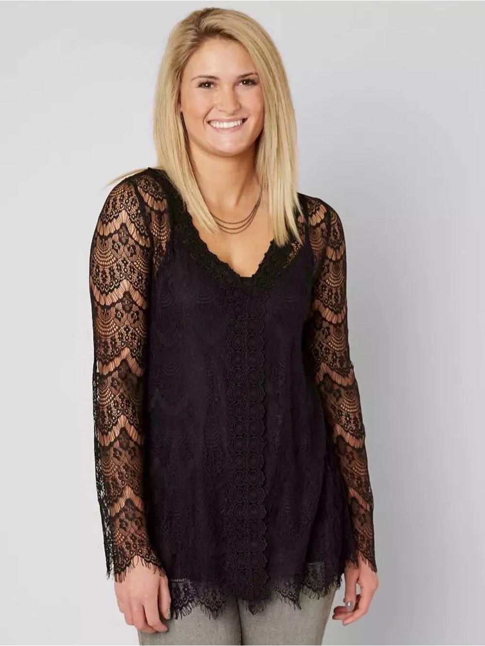 BKE Black Lace V-Neck Long Sleeve Top Size Large Boho goth